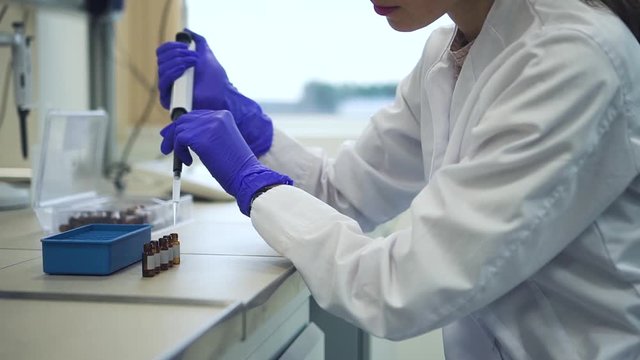 woman chemist uses pipette with liquid filling pcr test tubes Spbd. researching working with chemicals for development of new medicine, make expertise. concept vaccine, pharmaceutical. covid19 vaccine