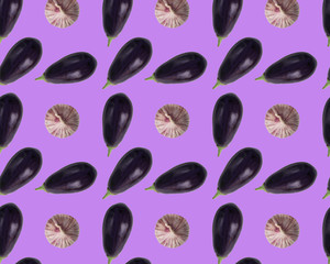 Seamless pattern of eggplant and garlic on a purple background. The food texture. The concept of healthy eating.