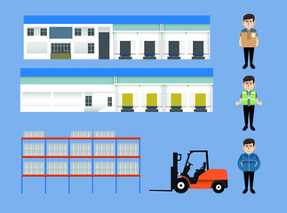The beautiful vector of cold storage warehouse set included front view warehouse, racking shelf, forklift and worker carrying box, wear safety jacket and wear winter coat sweater on blue background
