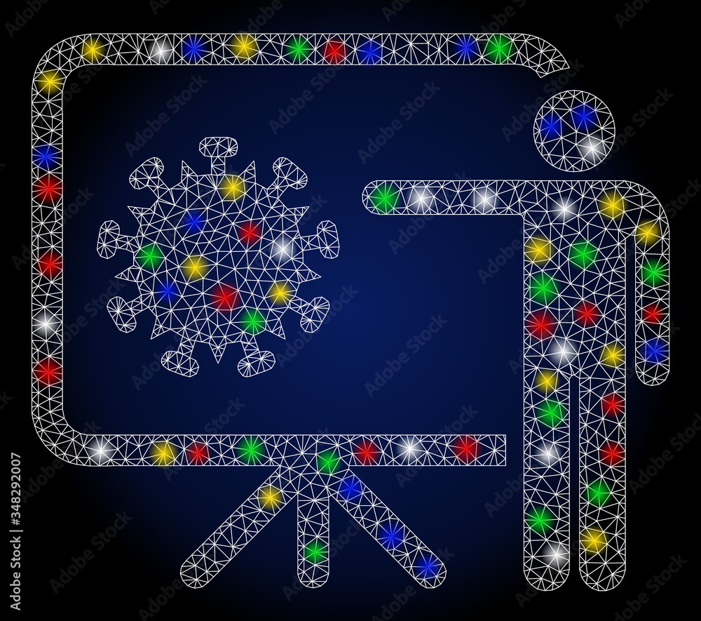 Poster flare mesh coronavirus lecture with lightspot effect. abstract illuminated vector model of coronavir