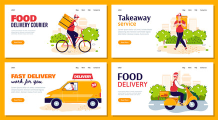 Obraz na płótnie Canvas Delivery and take away service website banners set cartoon vector illustration.