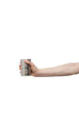 shiny metal tin can held in hand isolated on white background. man holding tinned goods. delivery from shop to home. food supplies, donation, volunteer. product ingredients for dish, cooking meals