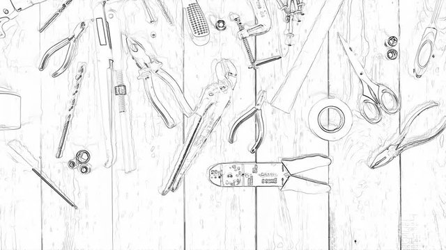 Tool kit animation of an outline drawing a hand tool. Various tools animated stop motion and stylized black and white pencil drawing. Theme of ads for carpenters or plumbers.