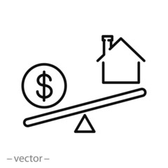 balance with dollar and house icon vector, money and home on seesaw, thin line symbol on white background