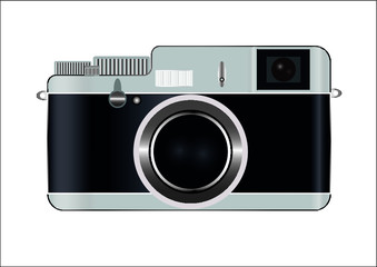 Retro camera on 35mm negatives. Analog photography. Vintage hobby.