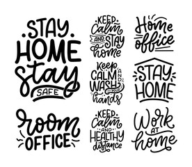Set with lettering slogans about stay home, typography posters with text for self quarantine time. Hand drawn motivation card design. Vintage style. Vector