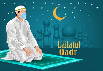 Man praying on his knees, with eyes closed. wear surgical mask, Ramadan Kareem, Lailatul Qadr typography greeting card beautiful design with shilloute moon and stars. coronavirus, covid-19 concept