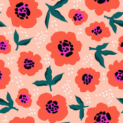 Red flowers abstract pattern. Trendy hand-drawn vector floral pattern design. Seamless texture for web, textile, and stationery. Modern vibrant abstract florals and leaves.