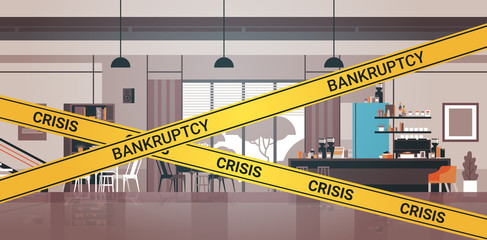 empty closed bar with yellow bankruptcy crisis tape coronavirus pandemic quarantine covid-19 concept no people cafe interior horizontal vector illustration