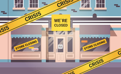 empty closed flower shop with yellow bankruptcy closing tape coronavirus pandemic quarantine covid-19 concept modern street store exterior horizontal vector illustration