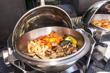 Live food stations. Kitchenware in the line catering summer brunch buffet. Corporate cocktail event