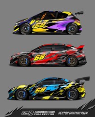 Fototapeta premium Sport car wrap decal graphic design set. Abstract stripe racing background for wrap cargo van, race car, pickup truck, adventure vehicle. Eps 10