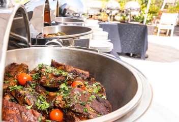 Live food stations. Kitchenware in the line catering summer brunch buffet. Corporate cocktail event