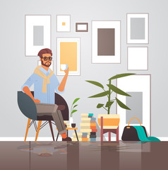 businessman sitting on armchair business man having coffee break modern cabinet interior male cartoon character full length vector illustration
