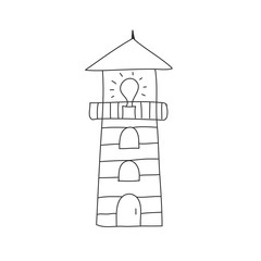 lighthouse of Doodle tower type. help clarify the position of the vessel on the water. Black white vector hand drawn illustration.