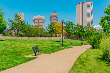 A path leads through a park in the downtown  area of Columbus, Ohio