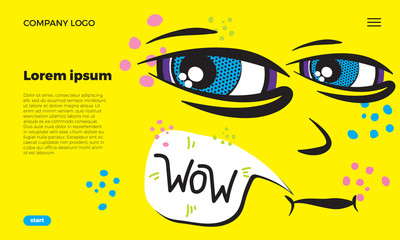 Web page template. Funny emoji face with ductile facial expressions. With place for text in a bubble. Funny doodle. Vector templates web design.