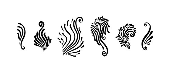 Set of decorative swirls. Calligraphic elements with brush strokes, black vector isolated on white background. Curves, curls, flourishes graphic art design