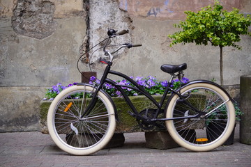 Fototapeta na wymiar A modern black city bike stands next to a bed of purple flowers and a tree. Urban landscape, ecological and sports mode of transport in the old city. Spring bright green at the old house