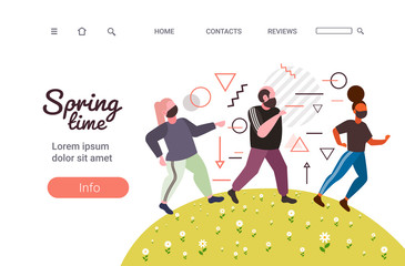 mix race people walking outdoor men women wearing medical masks to prevent coronavirus pandemic covid-19 quarantine concept landscape background horizontal copy space full length vector illustration