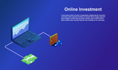 Online Investment with Laptop Concept. Financial management.  Financial technology and Business investment Illustration. Template for landing page,  banner, flyer
