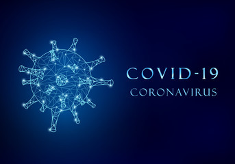 Coronavirus virus molecule from polygon mesh, with blue light dots. Next to it shiny metallic effect Covid-19 text.