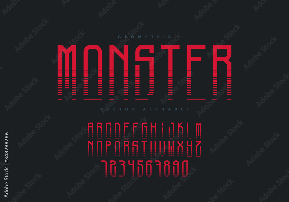 Poster monster font design. horror style geometric alphabet and numbers. eps10 vector.