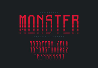 Monster font design. Horror style geometric alphabet and numbers. Eps10 vector.