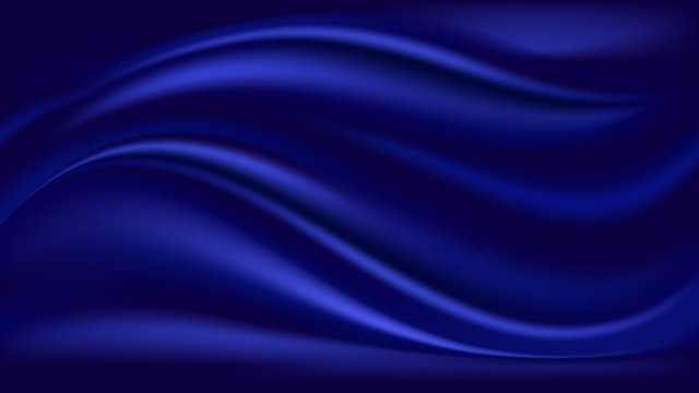 Blue wave satin background. Smooth shiny silk fabric texture, deep blue color flow swirl. Vector illustration