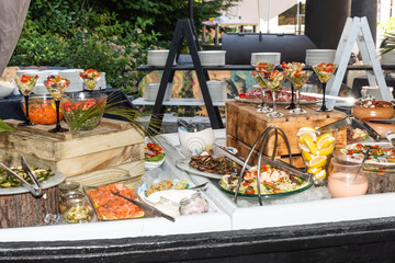 Obraz na płótnie Canvas Luxury catering by the pool, food bloggers event, banquet, wedding, festive, hotel brunch buffet