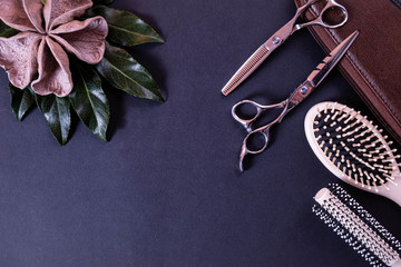 a leather bag for scissors, scissors for a hairdresser and wooden combs lie on a textured background
