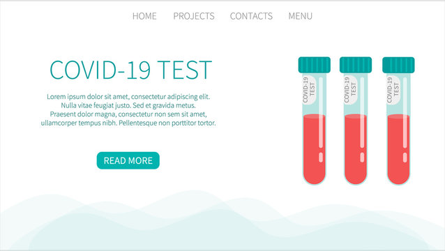COVID-19 test. Tubes with blood sample. Concept of Coronavirus rapid test. Lab research and diagnosis. Medicine vector concept in flat design. Landing page website template.