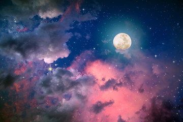 Background of full moon with colorful night sky and stars.