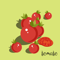 Tomato, slice and leaves, isolated on the white background. Vector restaurant menu pattern