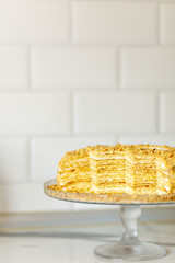 Honey cake. Traditional layered Russian cake Medovik with sour cream on a white plate on a white background. Vertical orientation. Close up