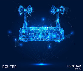 Hologram router. Wireless Internet from polygons, triangles, points and lines. The router has a low-poly connection structure. The technology concept.