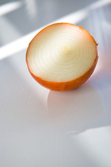Fresh onion cut in half on the white background