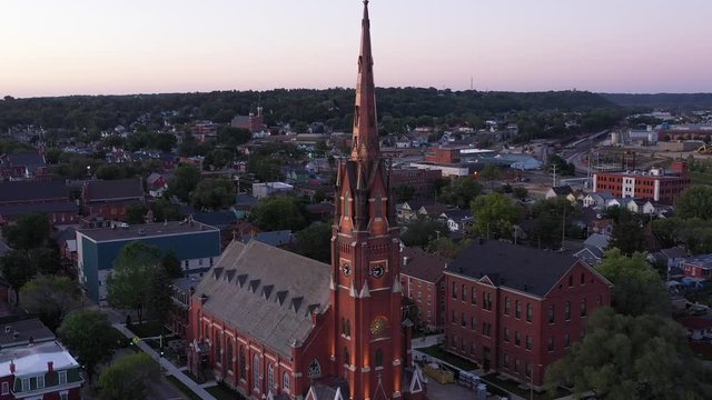 Church Steeple with clock and cross, Dubuque, Iowa, USA