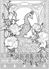 Poster with peacock and roses in art nouveau style, vintage, old, retro style. In Art deco style. Coloring page for the adult coloring book. Outline hand drawing vector illustration. .