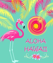 Tropical Hawaiian party poster with pink flamingo, Frangipani flowers, hot sun and coconut palm leaves. Template design. Vector illustration