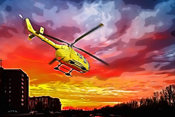 A drawing of a yellow helicopter taking off on the background of bright orange sunset.