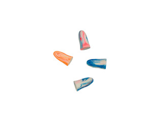 Isolated colorful soft silicone earplugs on a white background. Noise isolation.