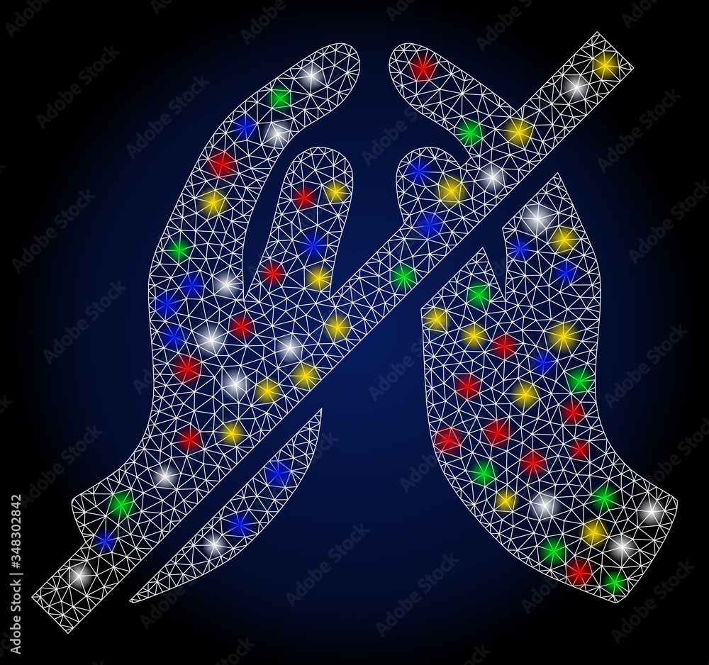 Poster flare mesh forbidden praying hands with lightspot effect. abstract illuminated vector model of forbi