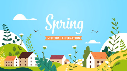 Obraz premium landscape with buildings hills flowers and leaves floral spring poster lettering greeting card horizontal vector illustration