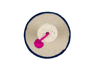 Isolated cat scratching post rope sisal with pink ball toy on a white background.