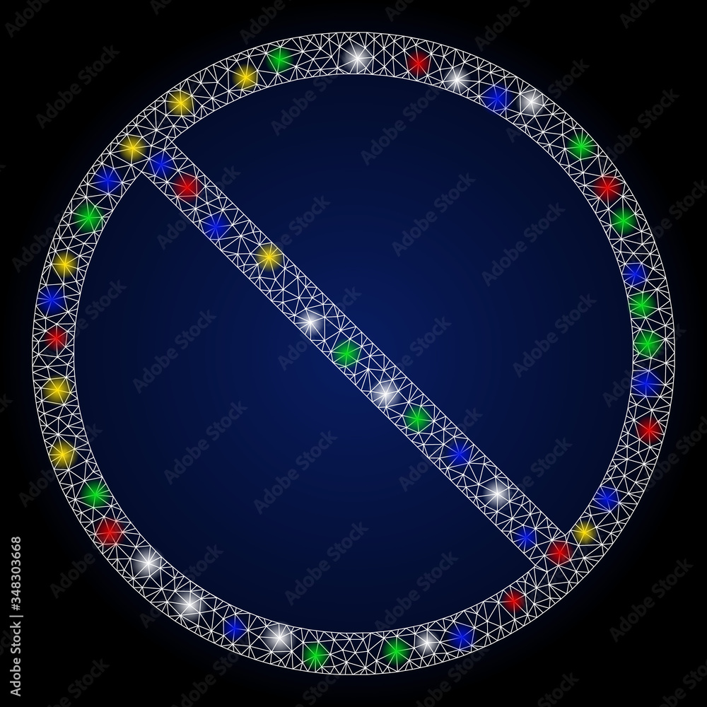Poster colorful mesh forbidden with glitter effect. abstract illuminated vector model of forbidden icon on 