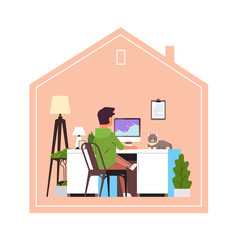 woman freelancer using computer monitor working at home during coronavirus quarantine self-isolation freelance concept modern living room horizontal full length vector illustration