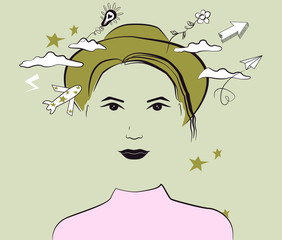woman head face line simple illustration, concept of technology training for woman, courses and learning tech for woman