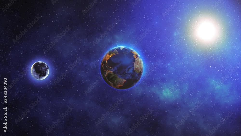 Wall mural realistic space animation with a rotating moon around the blue planet earth with flying asteroids an