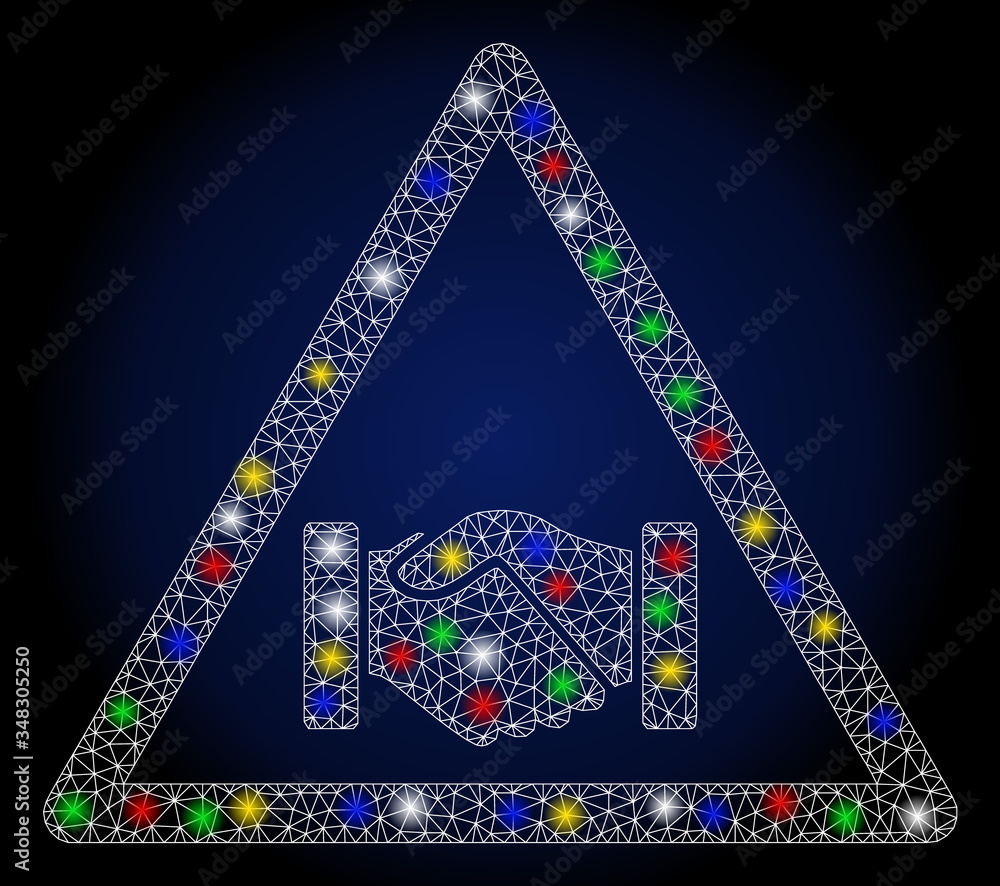 Poster glossy mesh handshake warning with glare effect. abstract illuminated vector model of handshake warn